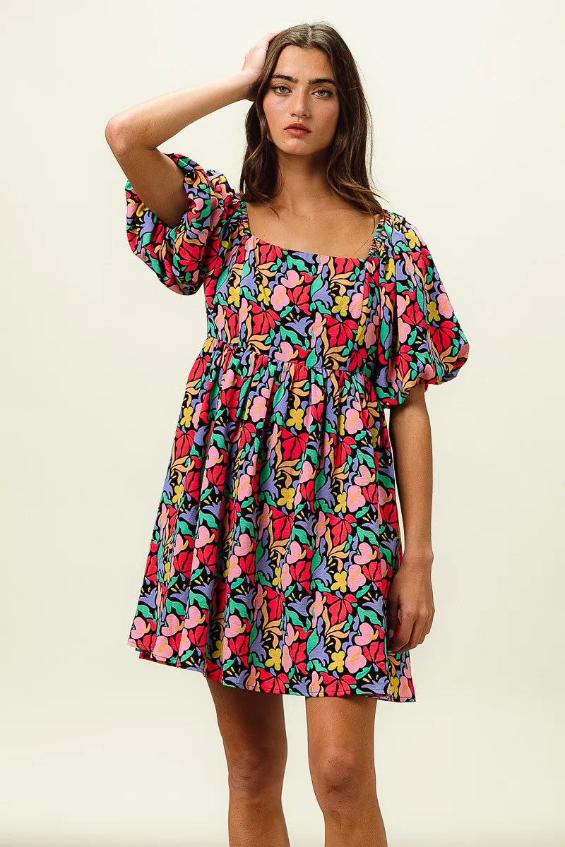 BiBi Tropical Boho Floral Print Puff Sleeve Square Neck Dress - NeoKira Unlimited