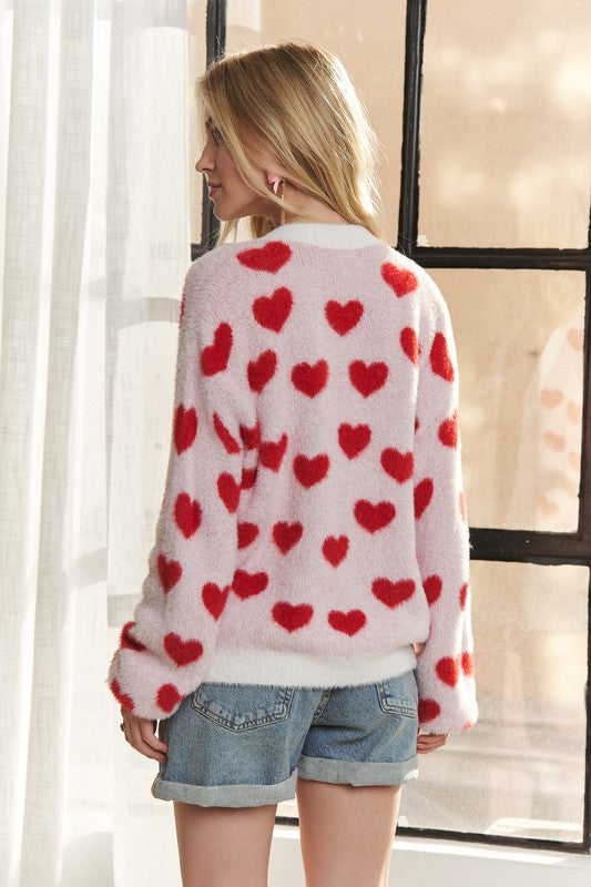 ADORA Fuzzy Heart Button Down Cardigan - NeoKira Unlimited