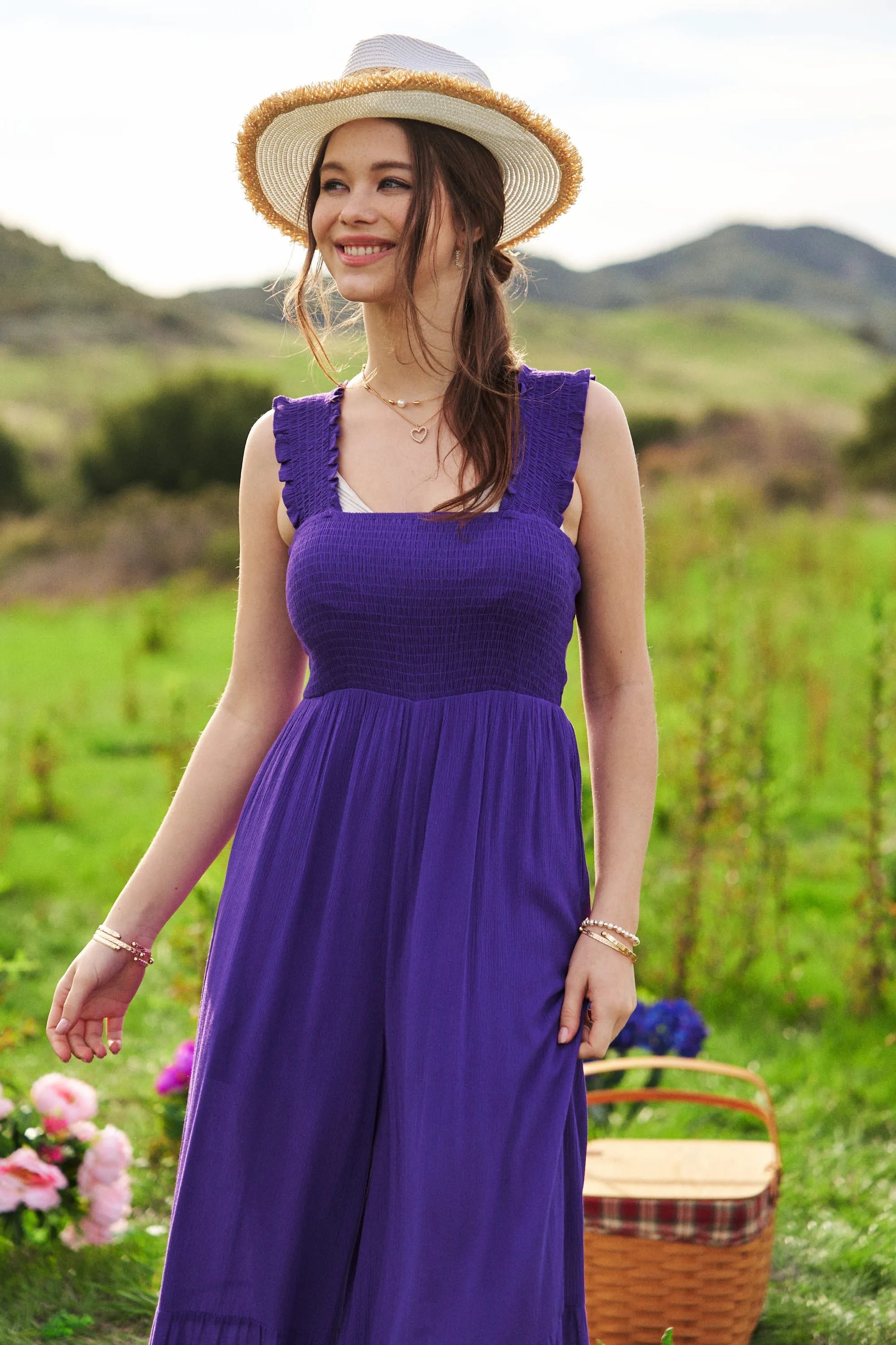 Davi & Dani Smocked Bodice Strap Ruffle Tie Belt Jumpsuit - NeoKira Unlimited