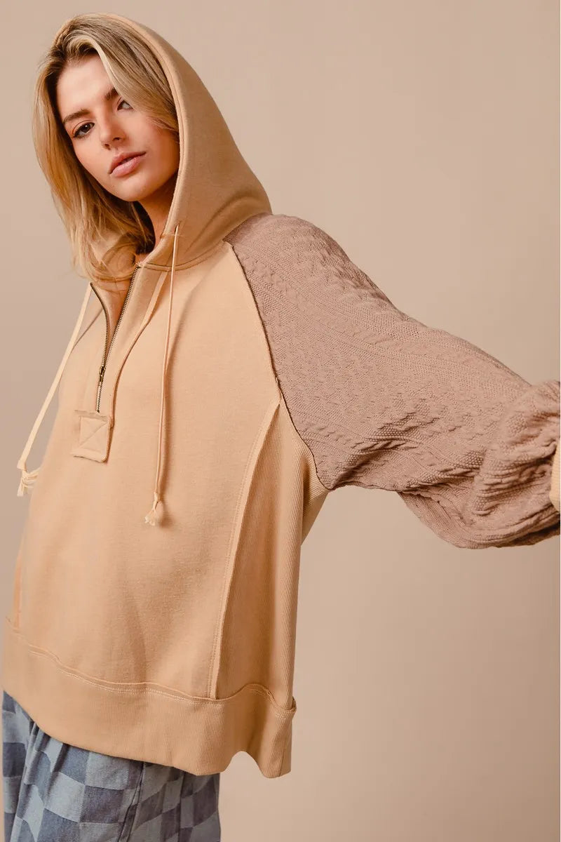 BiBi Half Zip French Terry Hoodie with Knit Sleeves Casual Cozy Top - NeoKira Unlimited