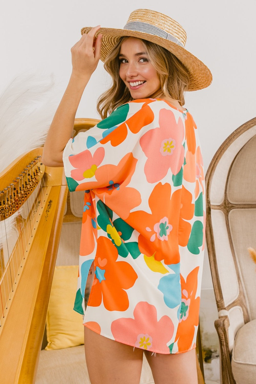 BiBi Floral V Neck Slit Side T-Shirt - NeoKira Unlimited