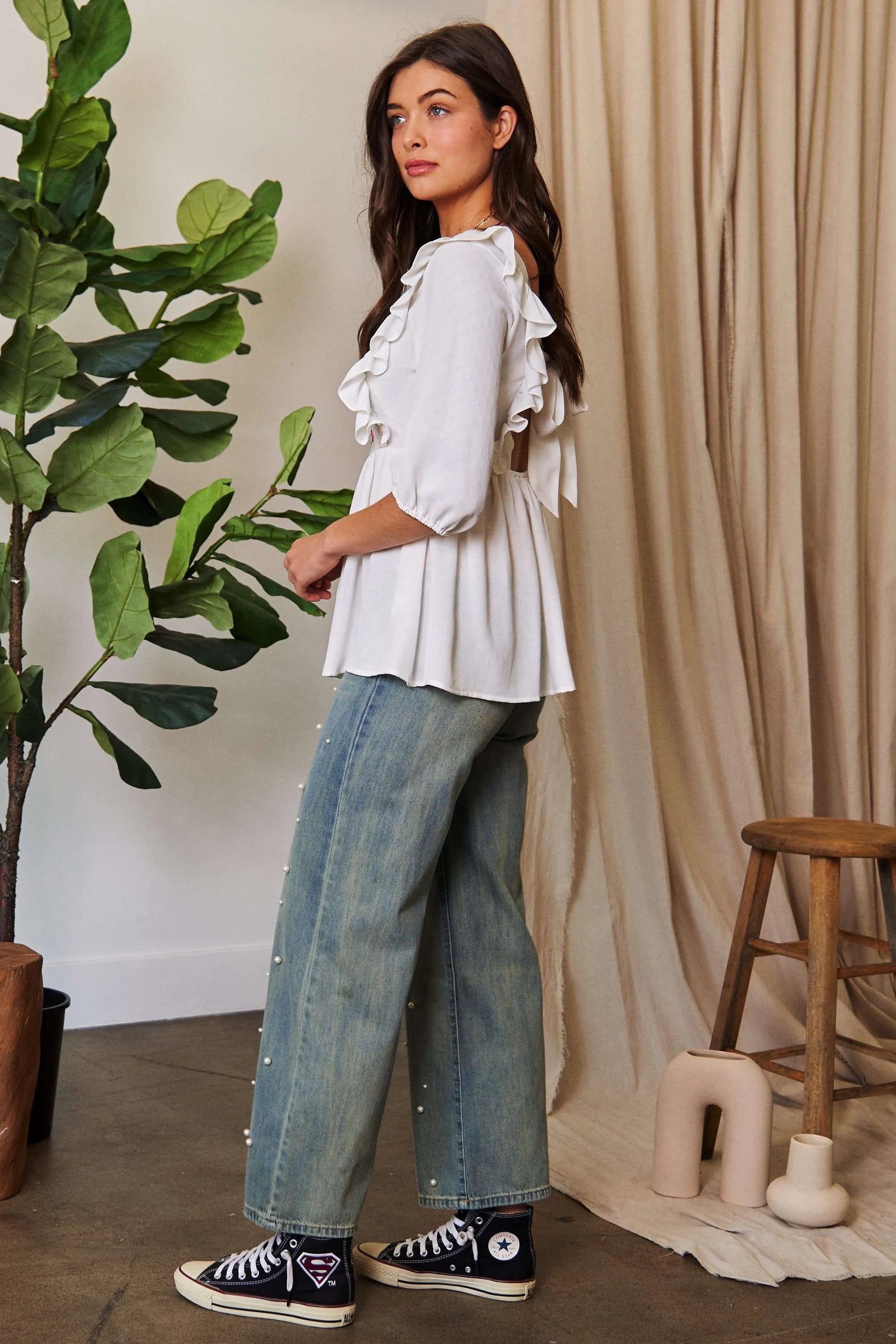 Davi & Dani Texture Tie Back Floral Embroidery Frill Romantic Blouse - NeoKira Unlimited