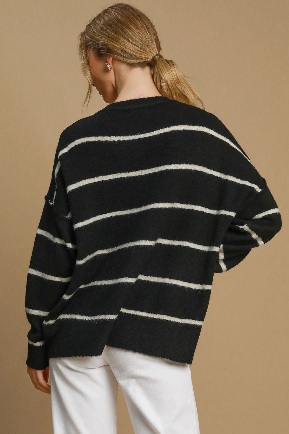 Umgee Wool Blend Striped Round Neck Sweater - NeoKira Unlimited