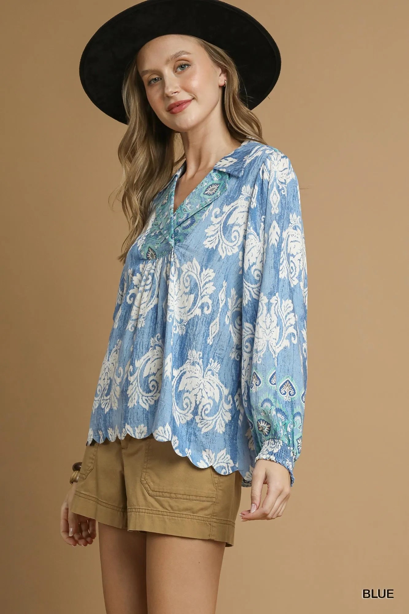 Umgee Printed Long Sleeve Boho Blouse Paisley Floral Tassel Detail - NeoKira Unlimited