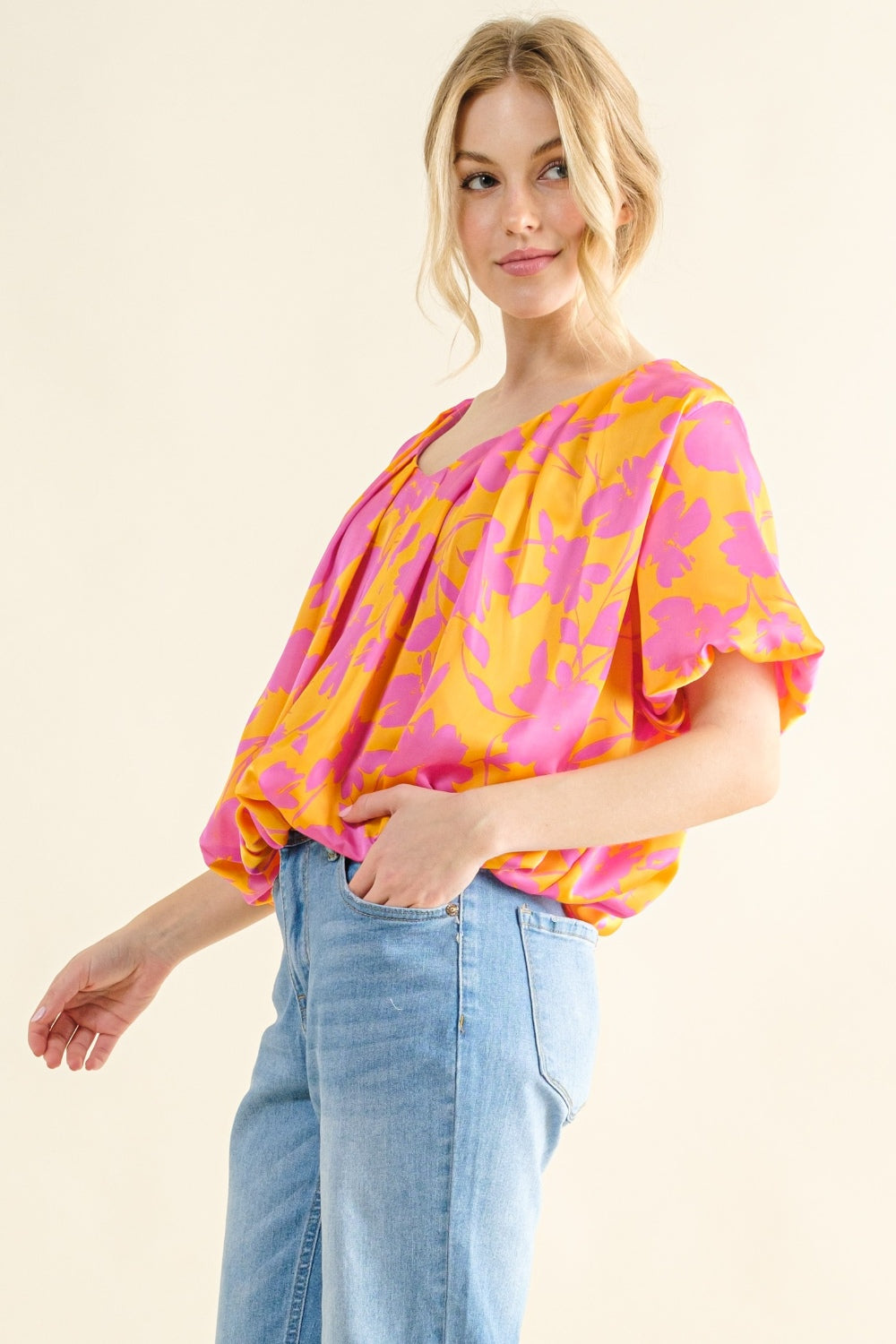 And The Why Full Size Printed Satin Bubble Hem Top - NeoKira Unlimited