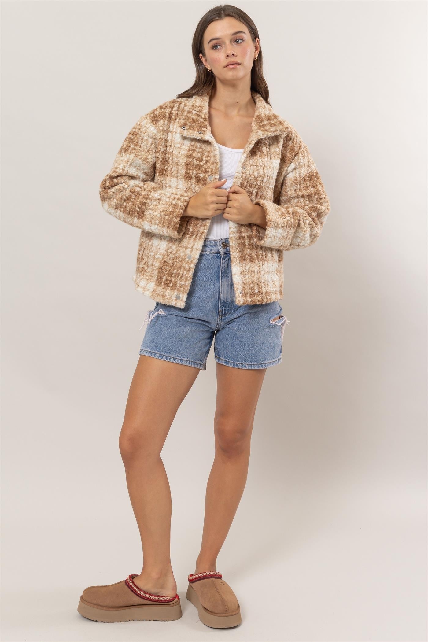 HYFVE Plaid Collared Neck Boucle Jacket with Pockets - NeoKira Unlimited