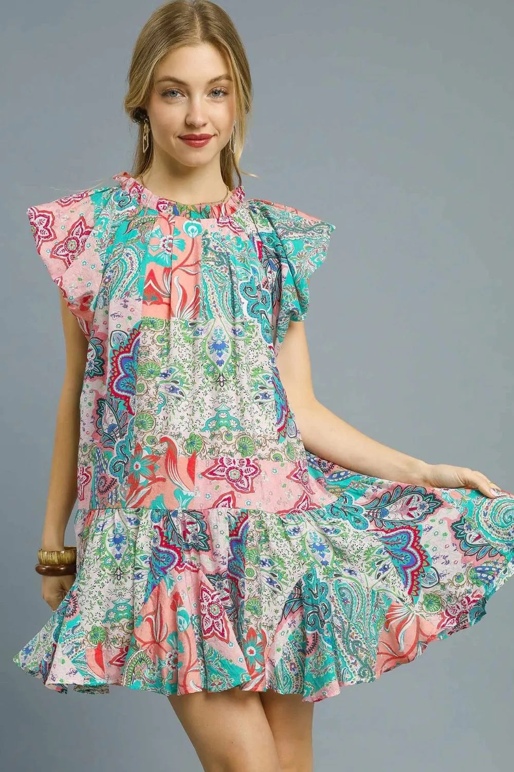 Umgee Boho Paisley Print Mini Dress – Turquoise Pink Floral Charm - NeoKira Unlimited