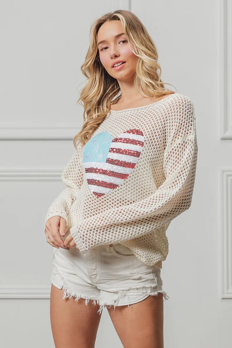 BiBi Sequin American Flag Heart Knit Up - NeoKira Unlimited