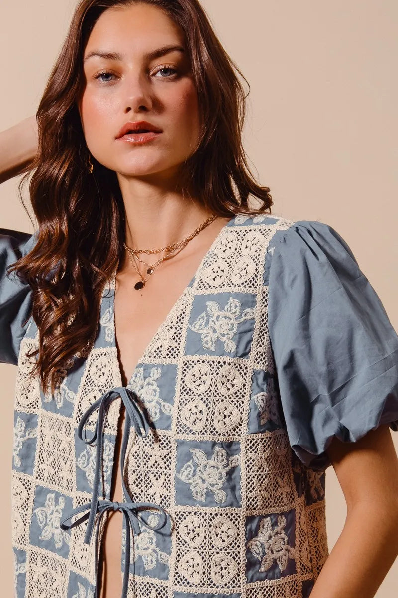 SO ME Boho Patchwork Tie Front Puff Sleeve V Neck Cropped Blouse - NeoKira Unlimited