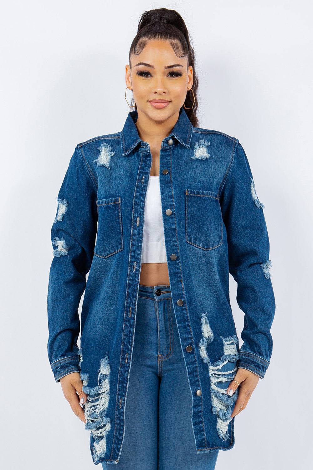 American Bazi Distressed Button Up Long Sleeve Denim Jacket - NeoKira Unlimited