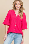 BOMBOM Texture Decorative Button V-Neck Top Top Trendsi Fuchsia S 