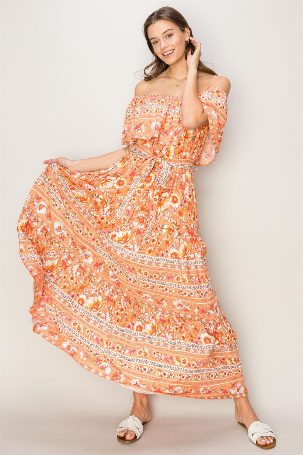 HYFVE Floral Off-Shoulder Tie Front Maxi Dress Maxi Dress Trendsi Apricot S 