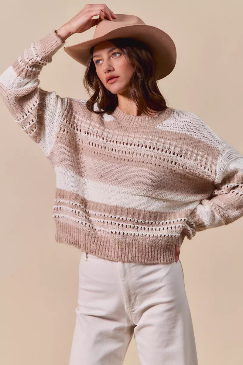 SO ME Variegated Stripe Textured Sweater Boho Cozy Style - NeoKira Unlimited