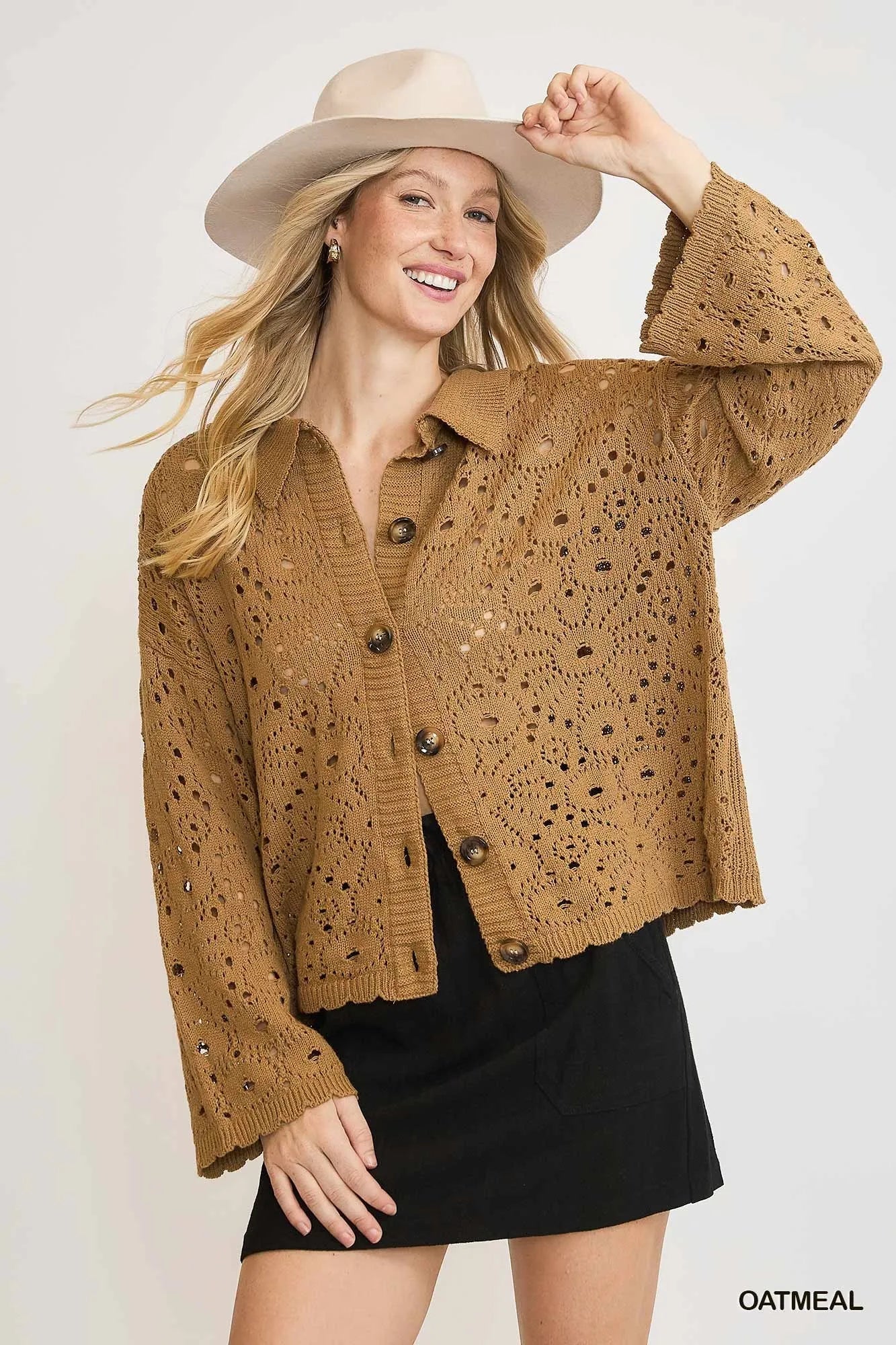 Umgee Crochet Button Down Knit Cardigan – Oatmeal Openwork Layering Piece - NeoKira Unlimited