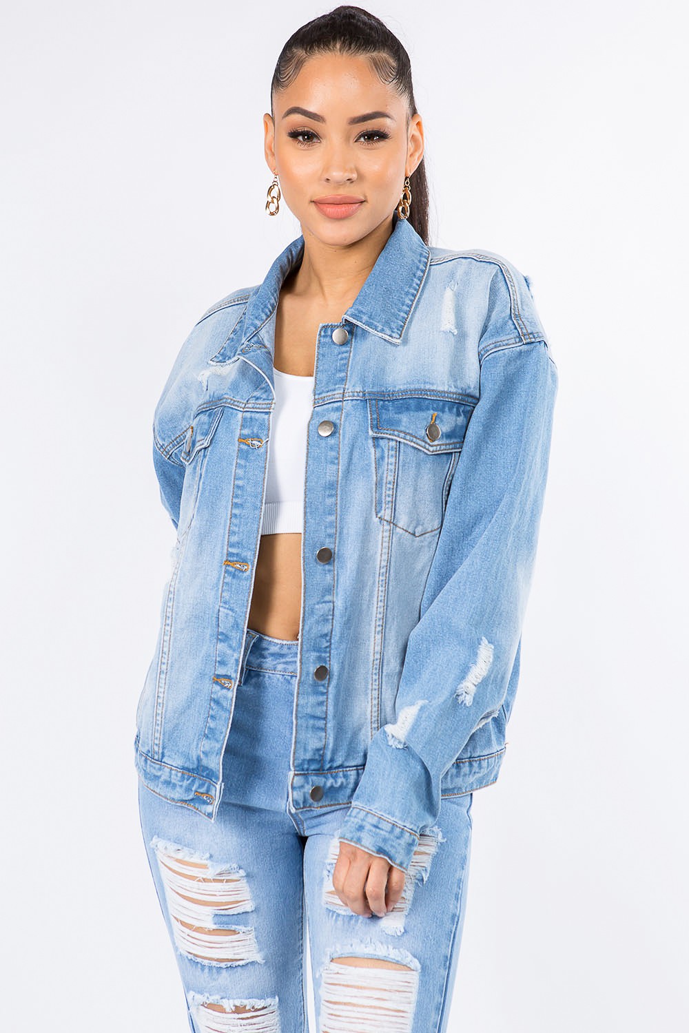 American Bazi Graphic Distressed Long Sleeve Denim Jacket Jacket Trendsi Blue S 