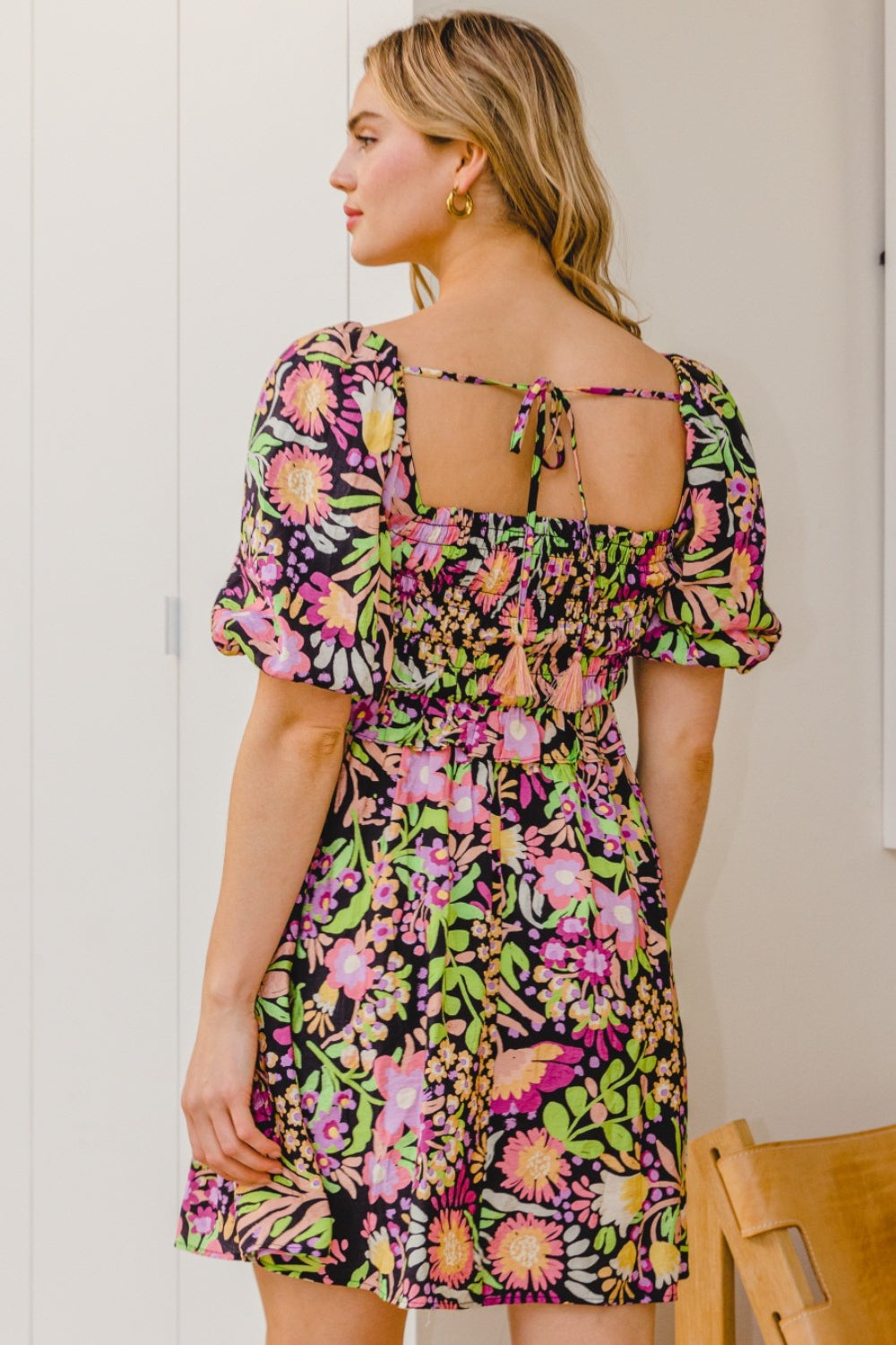 ODDI Full Size Floral Tie-Back Mini Dress - NeoKira Unlimited