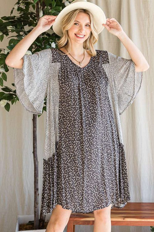 Jade By Jane Boho Chic Relaxed Fit Color Block Floral Print V-Neck Ruffle Dress Plus Size - NeoKira Unlimited