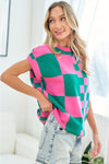 First Love Checkered Drop Shoulder Knit Top Top Trendsi   