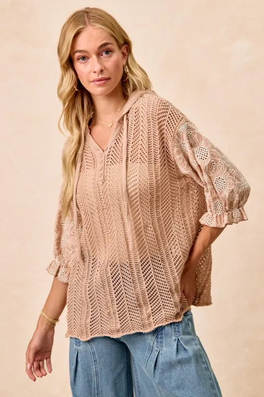 BiBi Puff Sleeve Hooded Knit Top With Jacquard Floral Lace – Light Taupe - NeoKira Unlimited