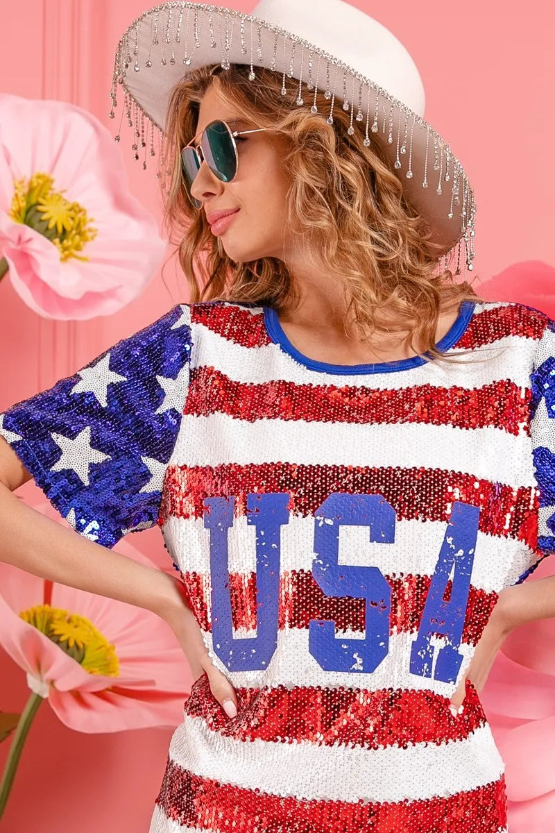 BiBi American Flag Theme Usa Print Sequin Dress - NeoKira Unlimited