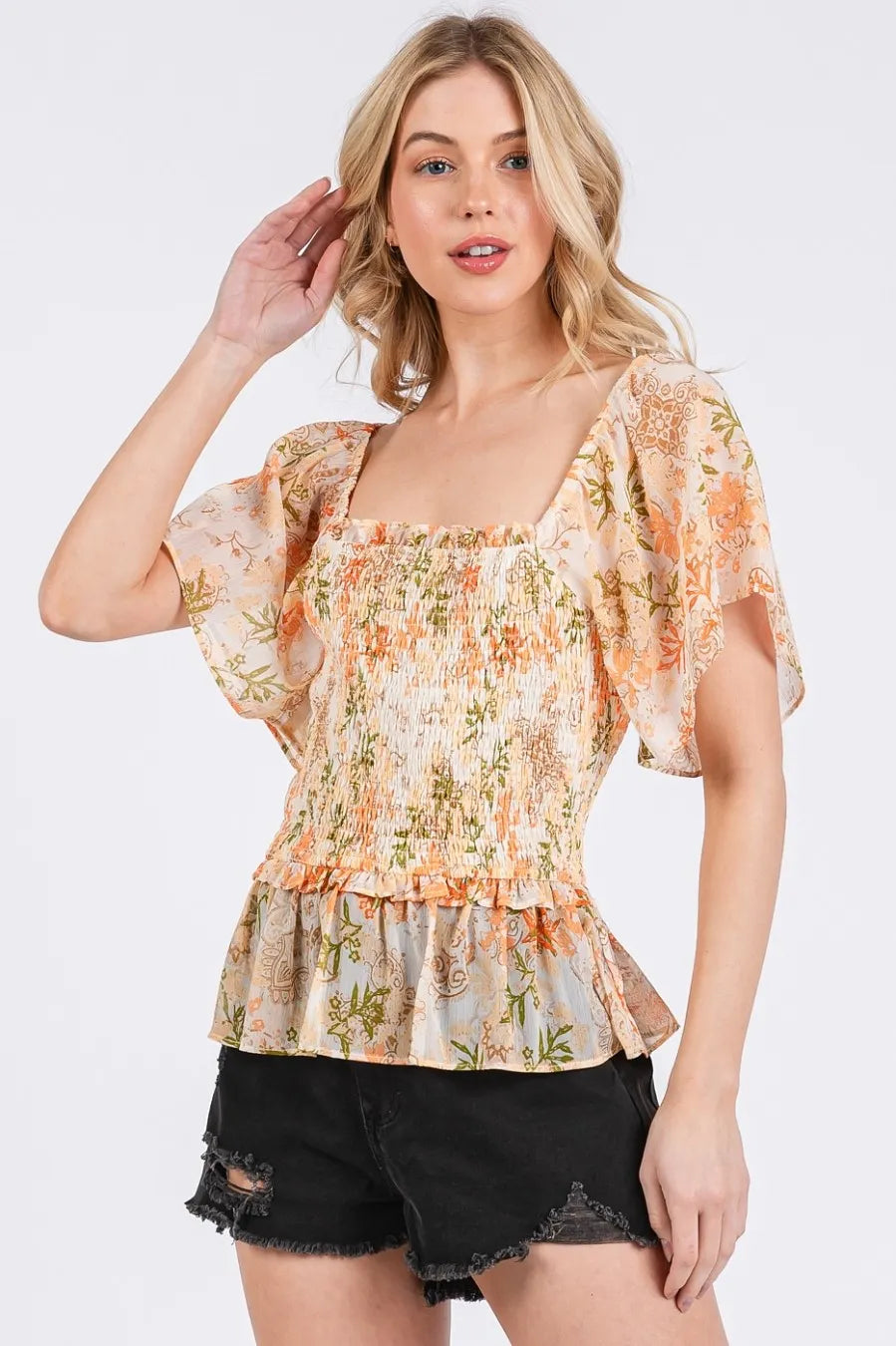 Mittoshop Floral Chiffon Smocked Square Neck Peplum Top - NeoKira Unlimited