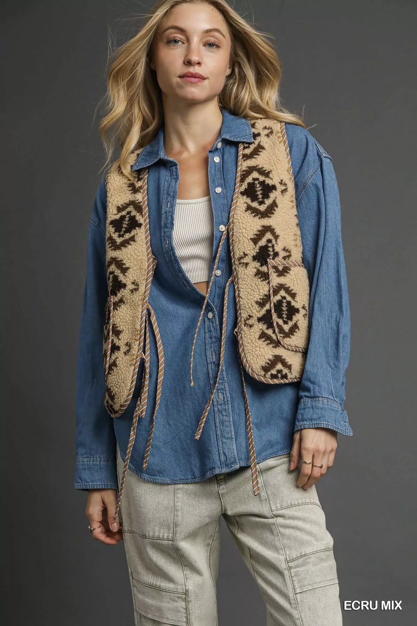 Umgee Mix Patterned Sherpa Tie-Front Vest Boho Winter Layer - NeoKira Unlimited
