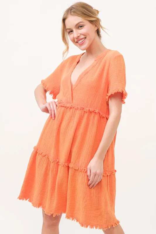 And The Why Washed Frayed Detail Tiered Dress - NeoKira Unlimited