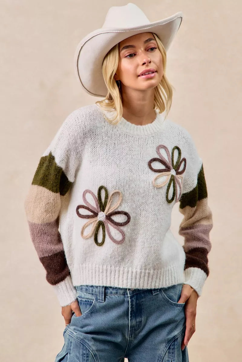 BiBi Flower Color Block Sweater Retro Y2K Cozy Streetwear Style - NeoKira Unlimited