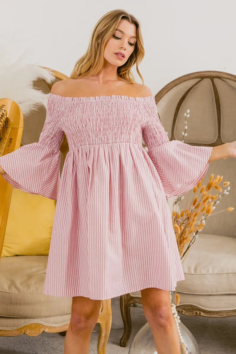 BiBi Smocked Off Shoulder Striped Dress - NeoKira Unlimited
