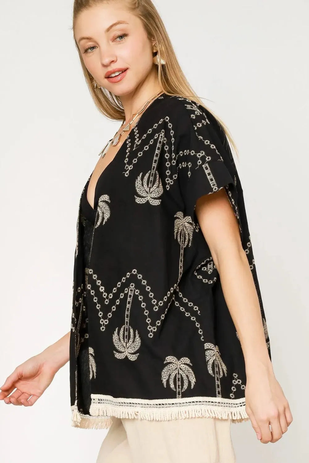 Umgee Black Embroidered Palm Tree Fringe Kimono Breezy Boho Elegance - NeoKira Unlimited