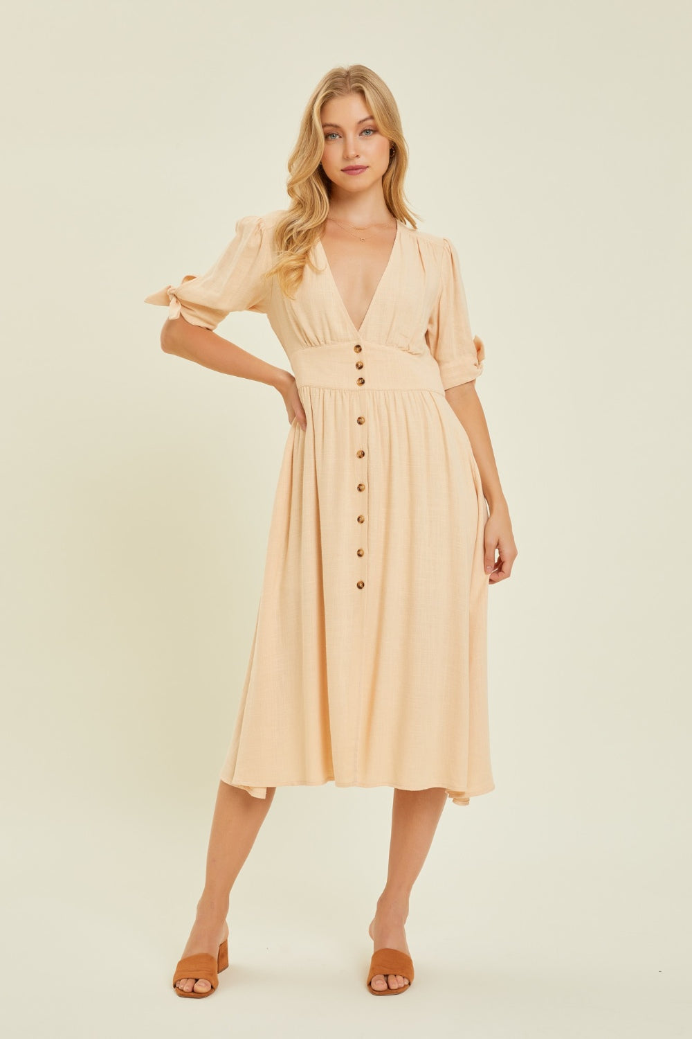 HEYSON Full Size Textured Linen V-Neck Button-Down Midi Dress Midi Dress Trendsi Cream S 