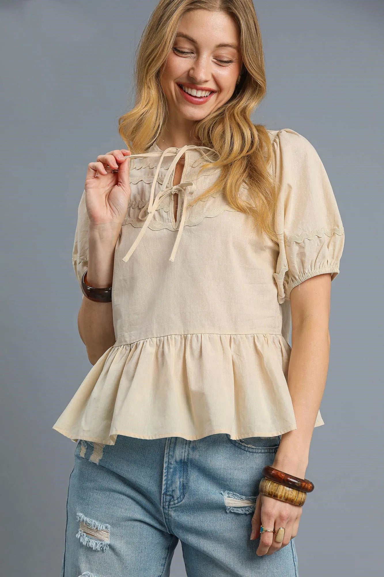 Umgee Tie Front Puff Sleeve Blouse - NeoKira Unlimited