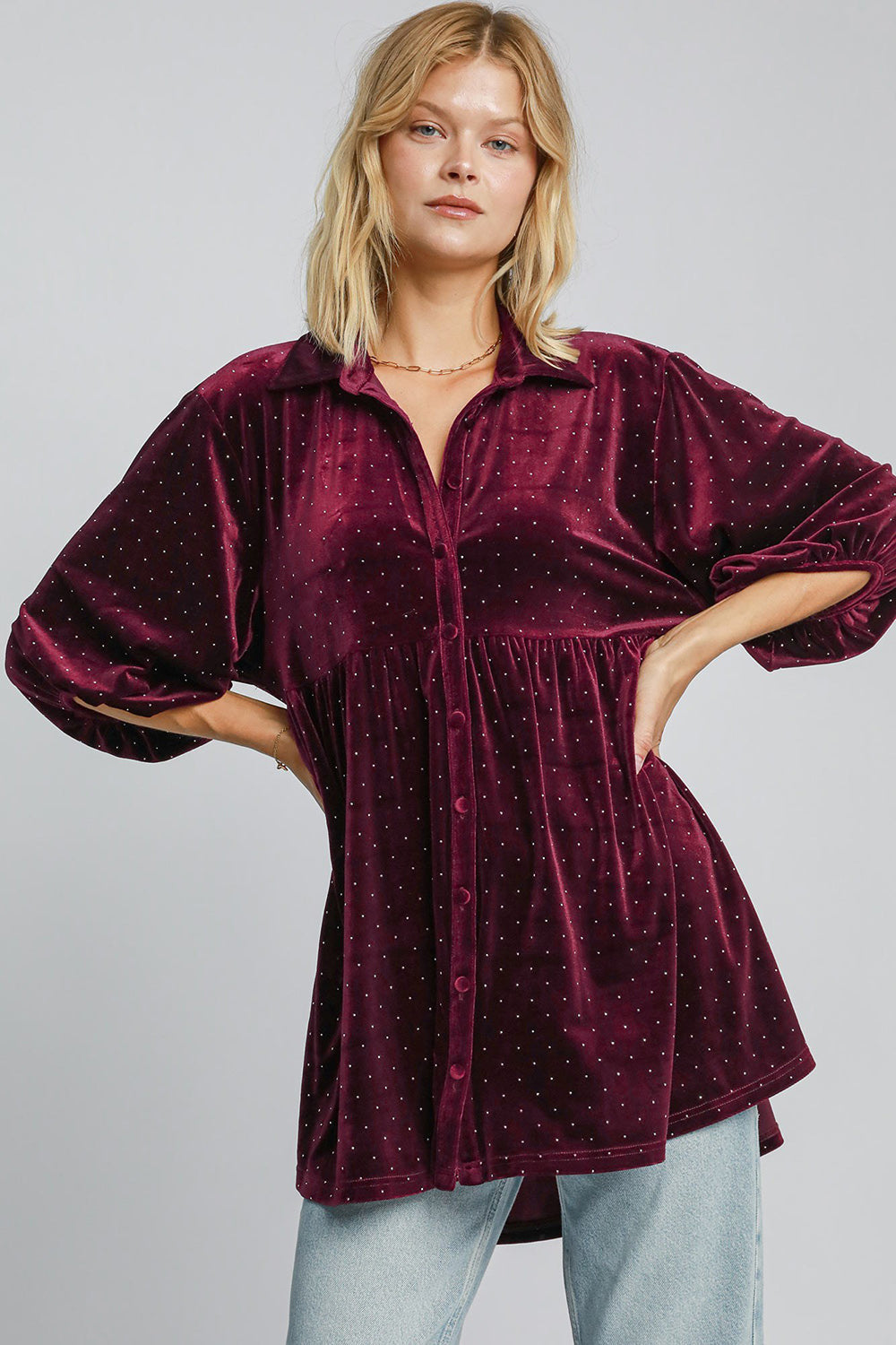 Umgee Full Size Polka Dot Button Up Half Sleeve Shirt - NeoKira Unlimited