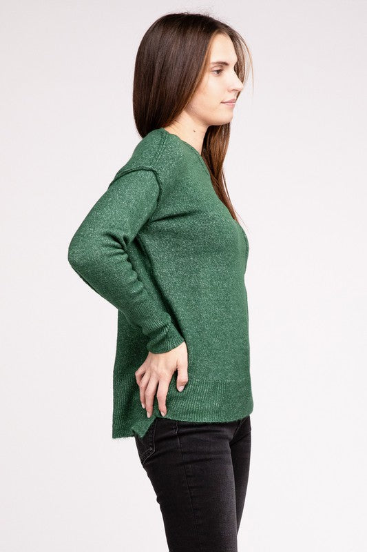 ZENANA Melange Hi-Low Hem Round Neck Sweater - NeoKira Unlimited