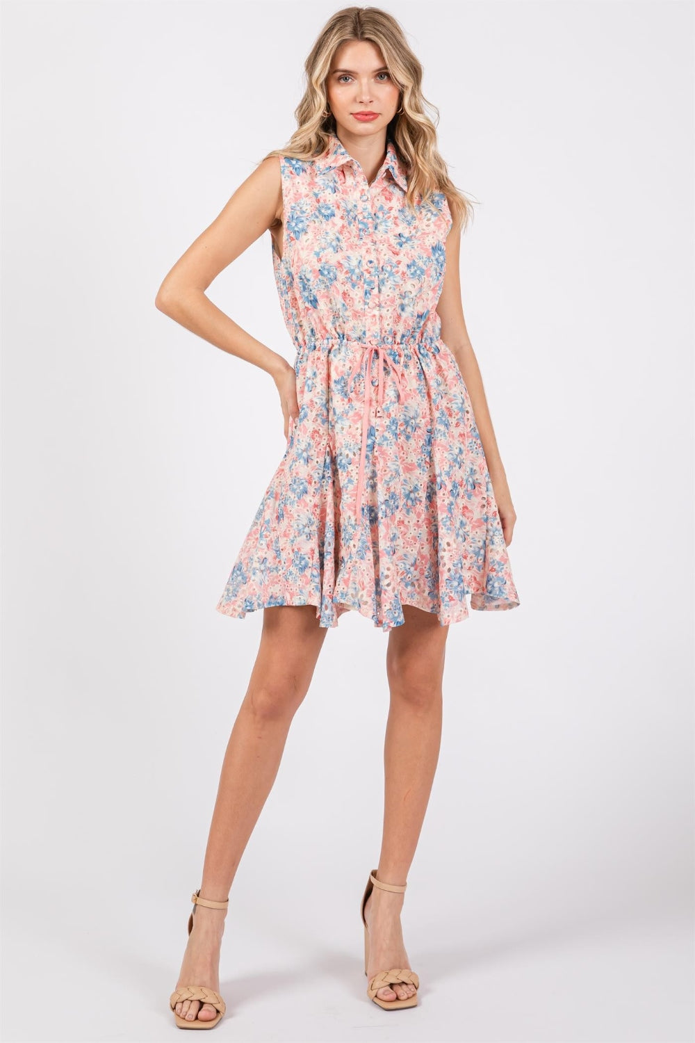 GeeGee Full Size Floral Eyelet Sleeveless Mini Dress - NeoKira Unlimited