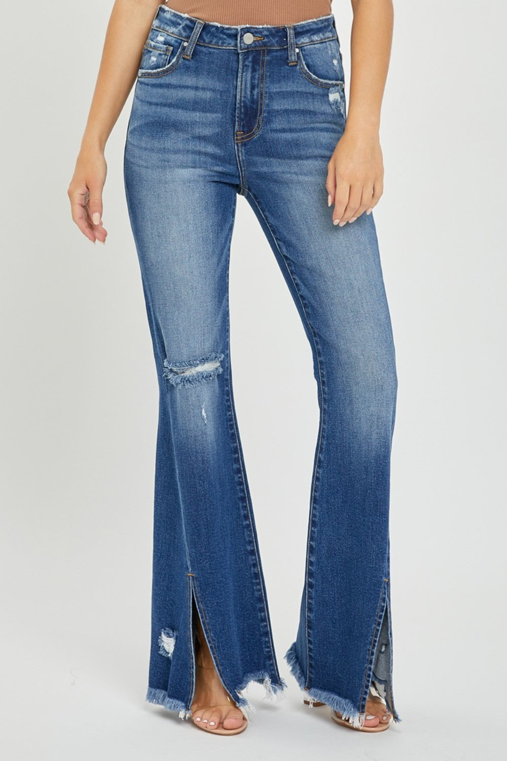 RISEN Full Size High Rise Front Slit Frayed Hem Flare Jeans Jeans Trendsi   