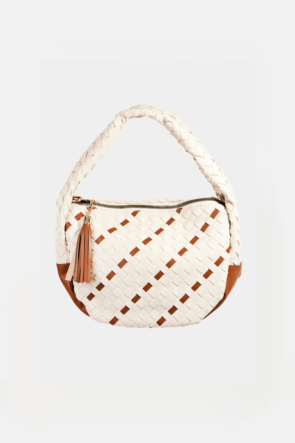 Fame Tassel Detail Weave Semi Circle Bag Handbag Trendsi Ivory One Size 