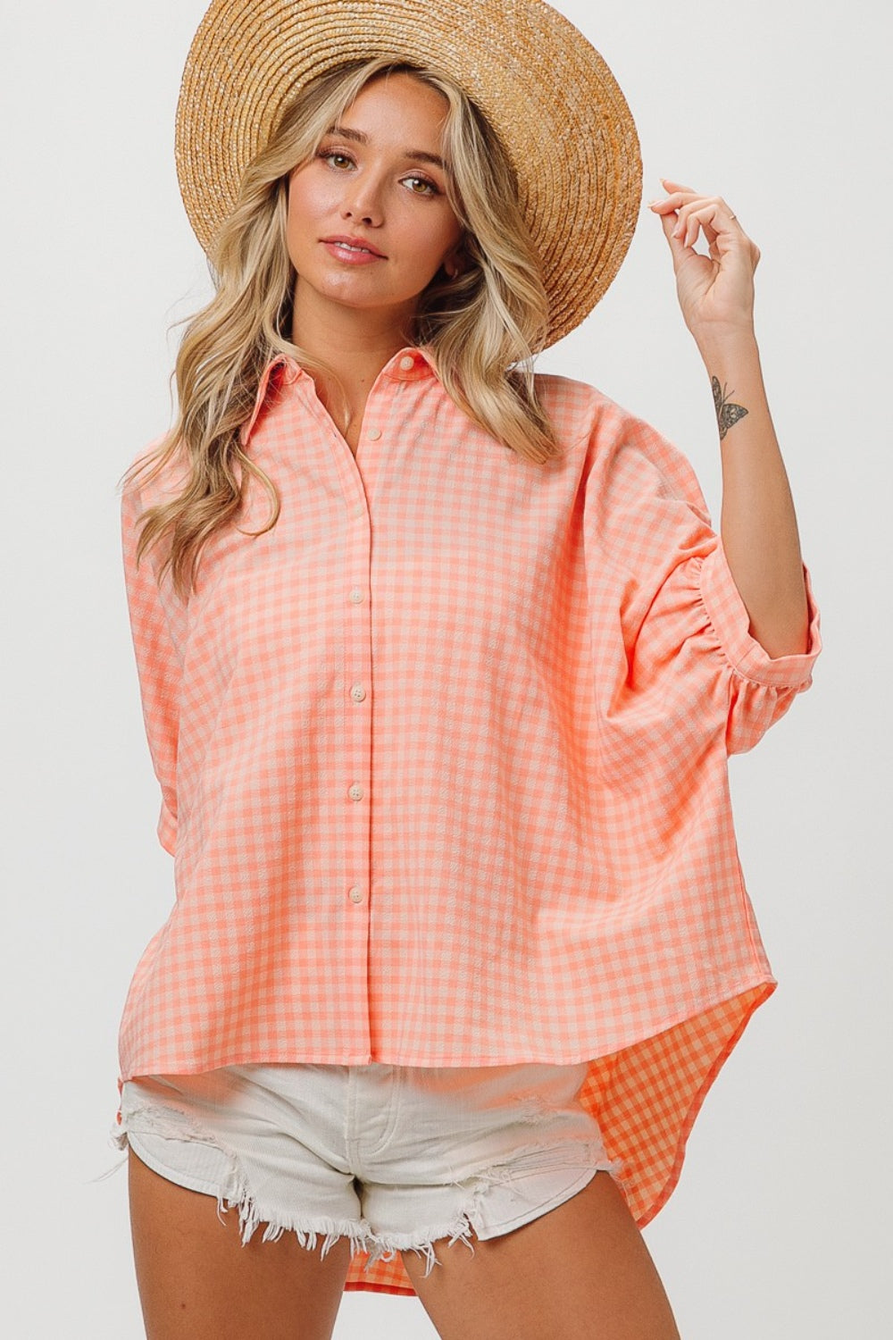 BiBi Plaid Button Up Dolman Sleeve Shirt - NeoKira Unlimited