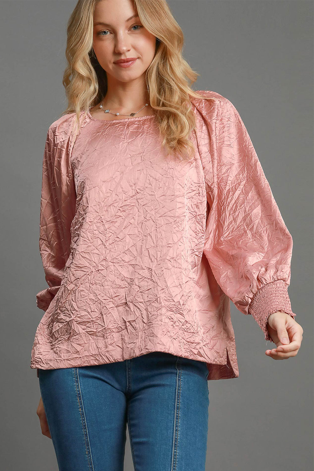 Umgee Wrinkled Round Neck Lantern Sleeve Blouse - NeoKira Unlimited