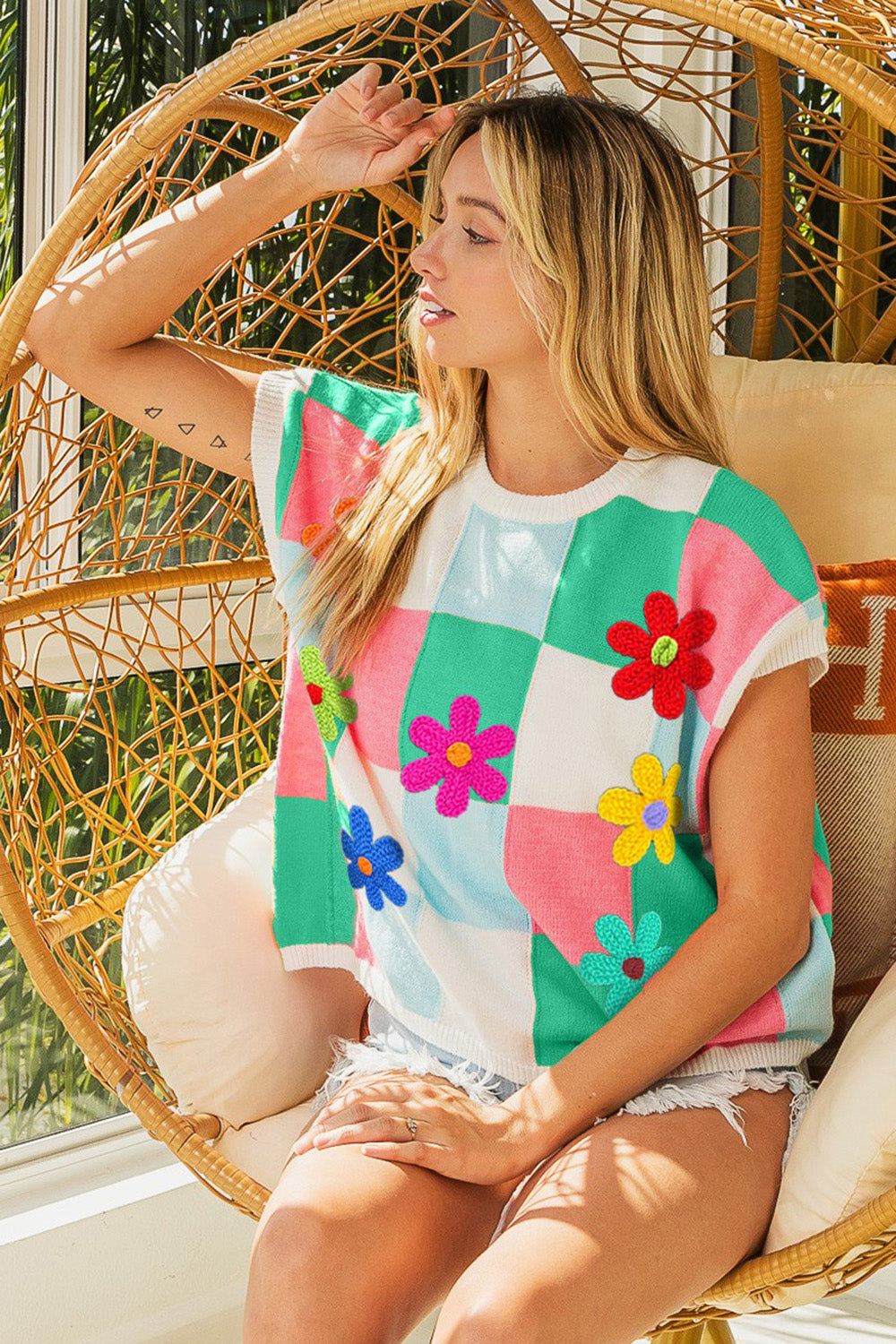 BiBi Flower Patch Checkered Sweater Vest - NeoKira Unlimited