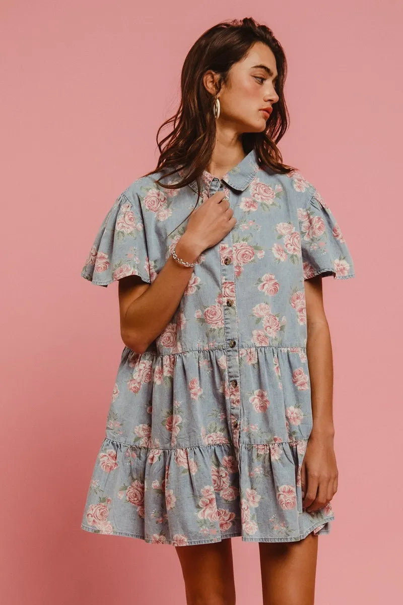 BiBi Vintage Style Blue Floral Washed Tiered Lightweight Mini Shirt Dress - NeoKira Unlimited