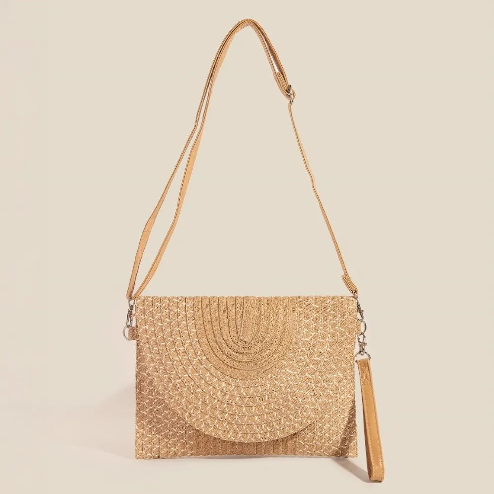 Boho Woven Straw Envelope Crossbody Bag – Natural Tan with Tassel Detail - NeoKira Unlimited