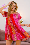 BiBi Leopard Short Sleeve Tiered Dress Mini Dress Trendsi Red/Fuchsia S 