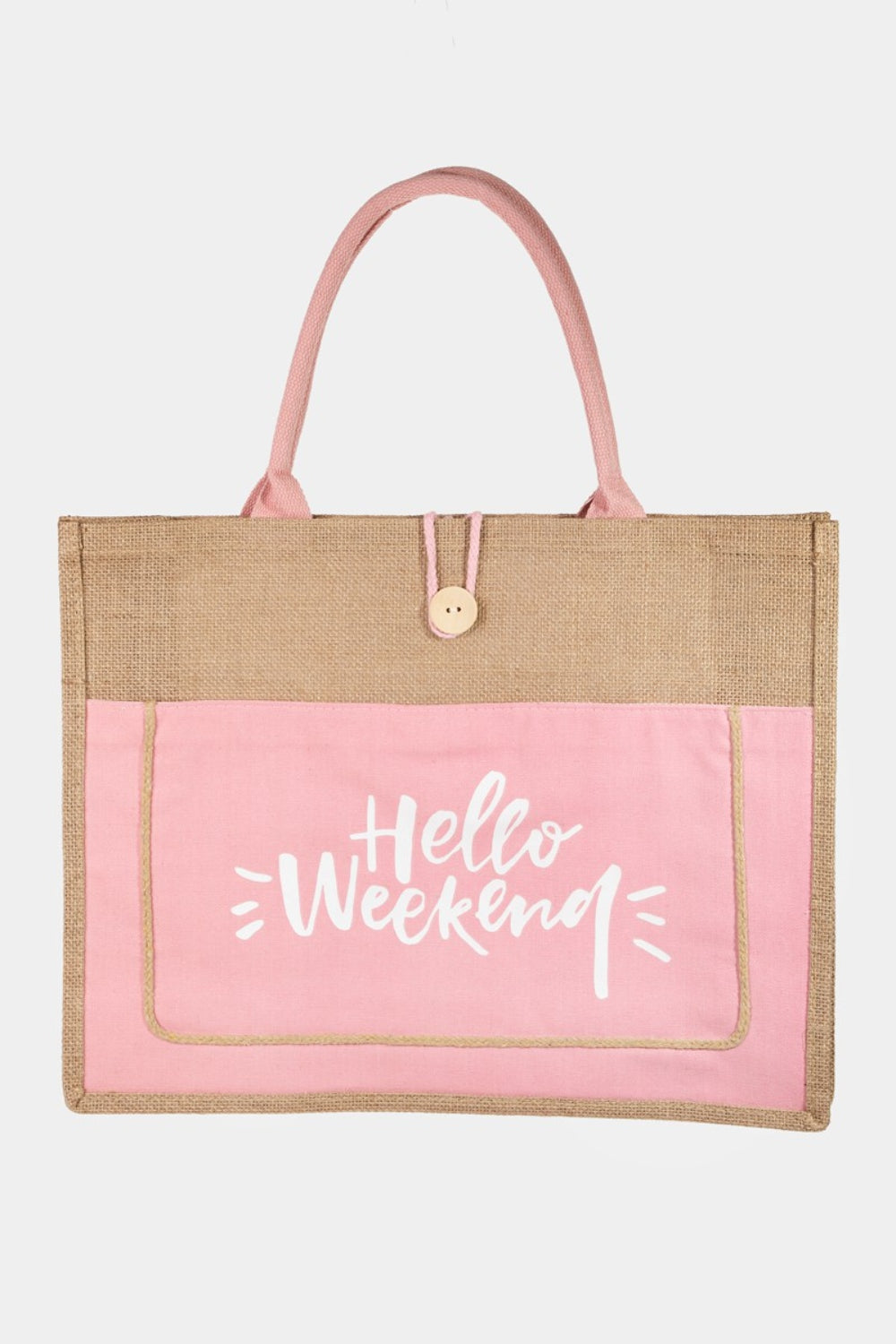 Fame Hello Weekend Burlap Tote Bag Tote Bag Trendsi Pink One Size 