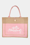 Fame Hello Weekend Burlap Tote Bag Tote Bag Trendsi Pink One Size 