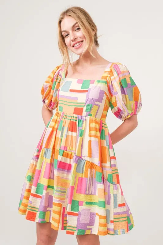 And The Why Square Neck Puff Sleeve Geo Printed Mini Dress - NeoKira Unlimited