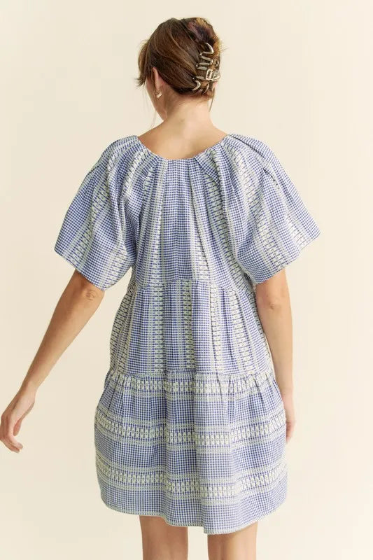 Davi & Dani Embroidered Stripe Ruffled Gingham Mini Dress - NeoKira Unlimited