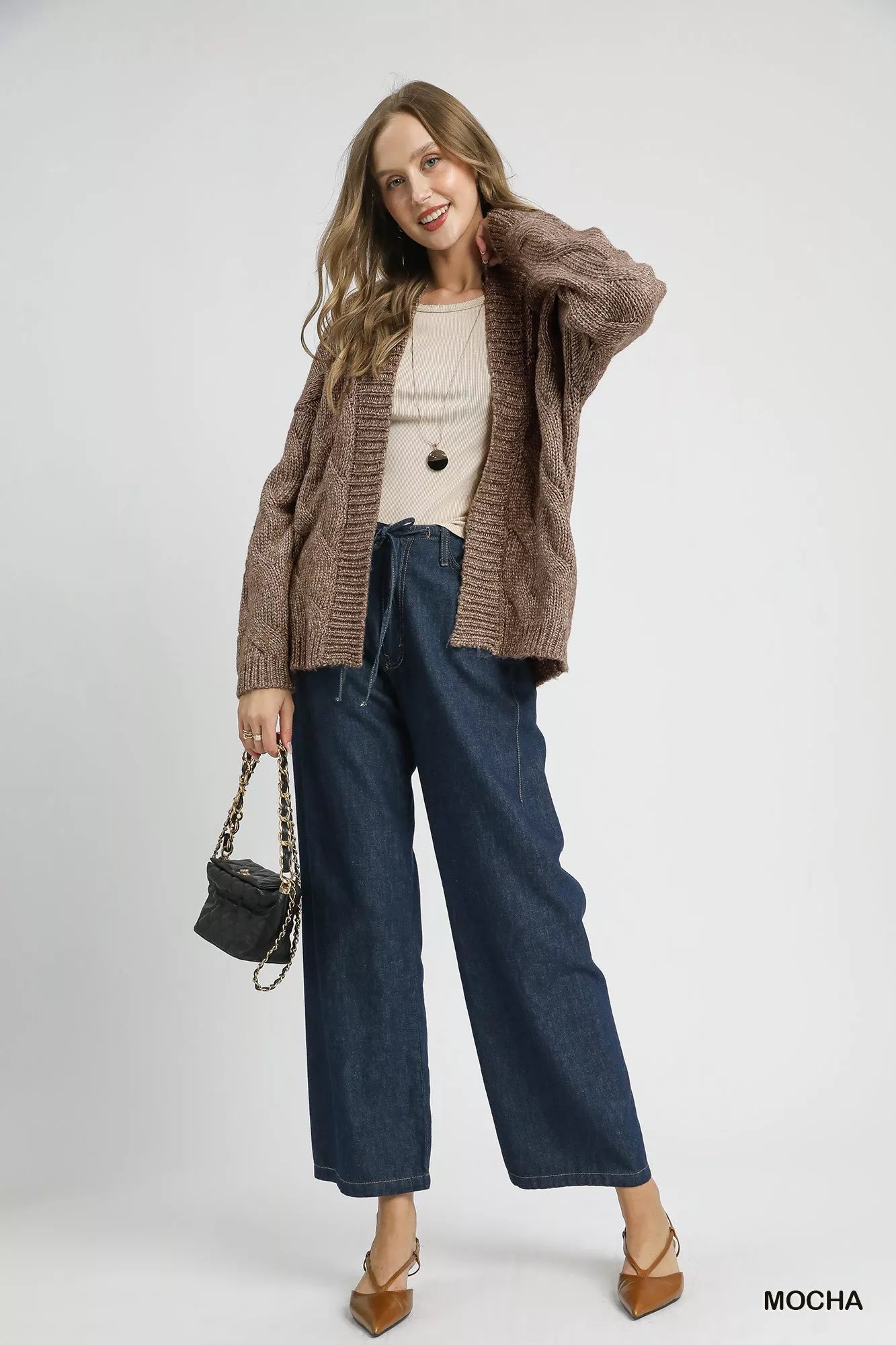 Umgee Chunky Cable Knit Open Front Cardigan Cozy Boho Style - NeoKira Unlimited