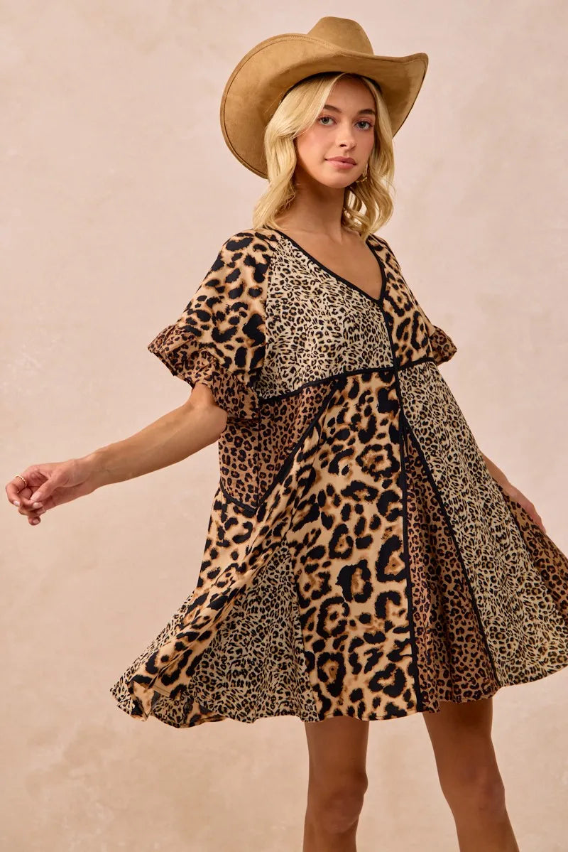 BiBi Leopard Print Mini Dress – V-Neck Flutter Sleeve Belted Fit - NeoKira Unlimited