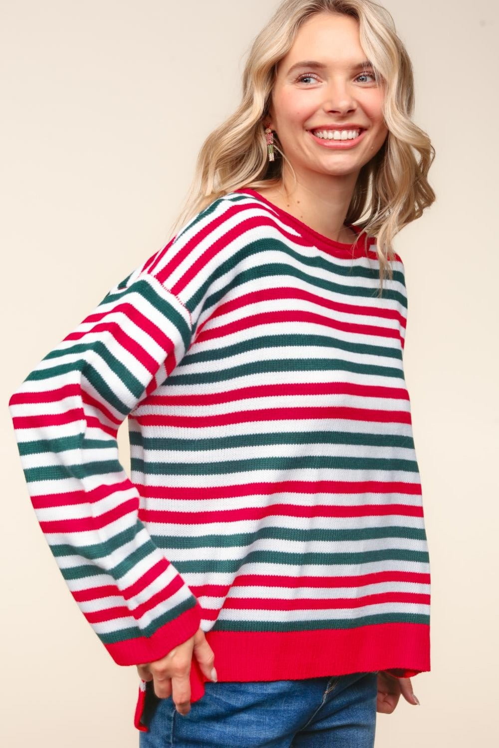 Haptics Full Size Striped Contrast Side Slit Knit Top - NeoKira Unlimited